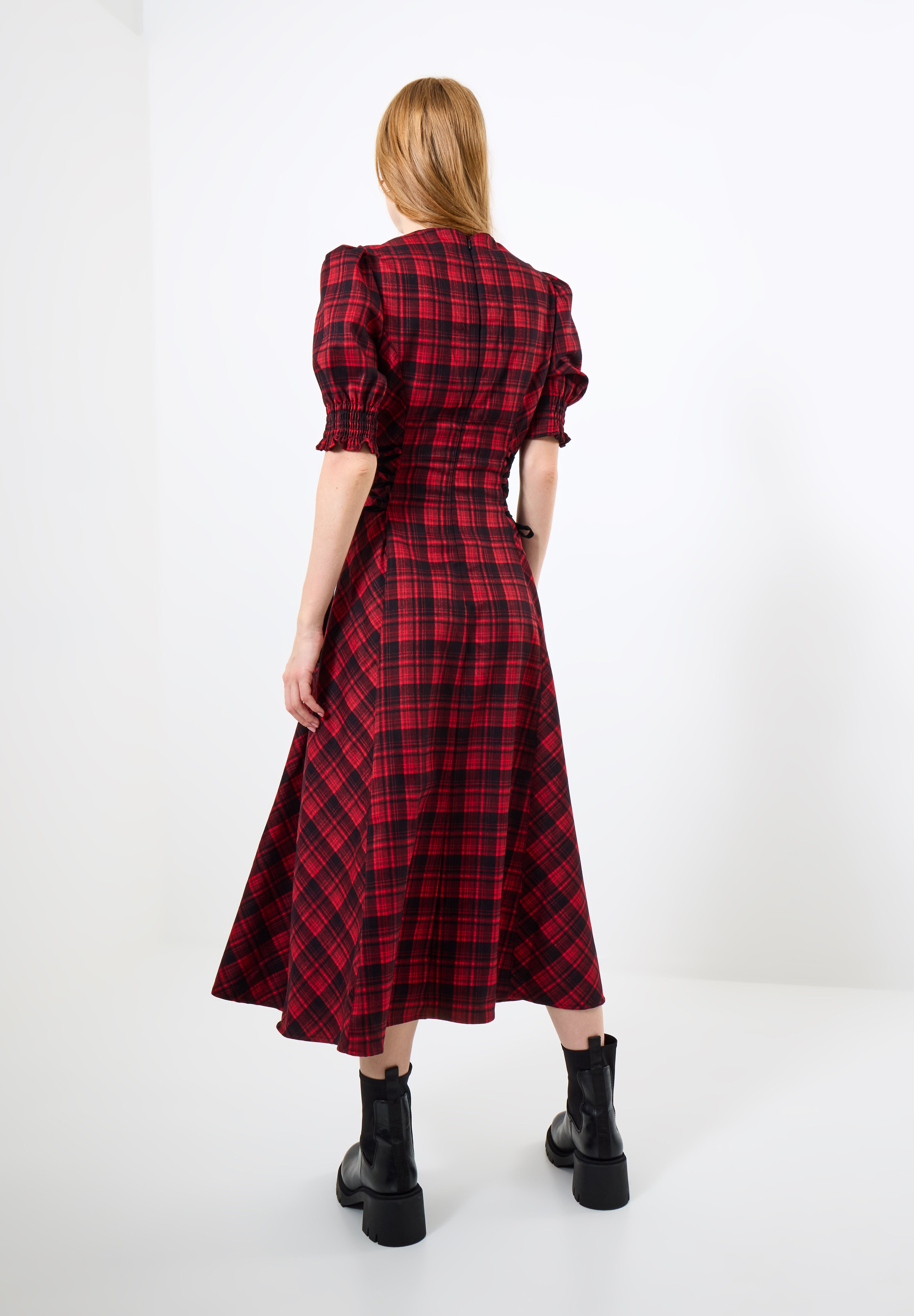 Tartan Plaid Lace-Up Midi Dress, RED TARTAN, alternate image number 3