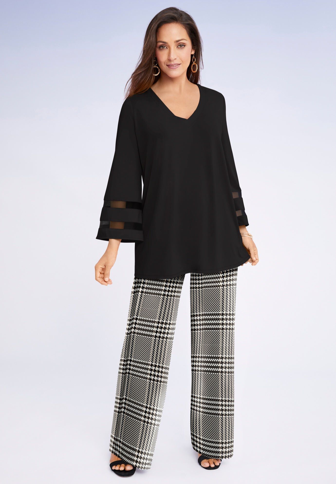 Stretch Knit Wide Leg Pant, NEUTRAL PLAID, hi-res image number 0