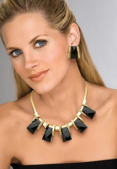 Goldtone Checkerboard-Cut Black Crystal Necklace and Earring Set, 18 inch plus 2 inch extension, , alternate image number null