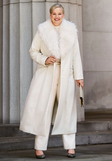 Long Wool Blend Coat With Faux Fur Collar Plus Sizewool Coats