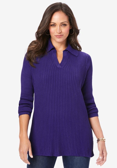 Ribbed Collar Sweater, MIDNIGHT VIOLET, hi-res image number null