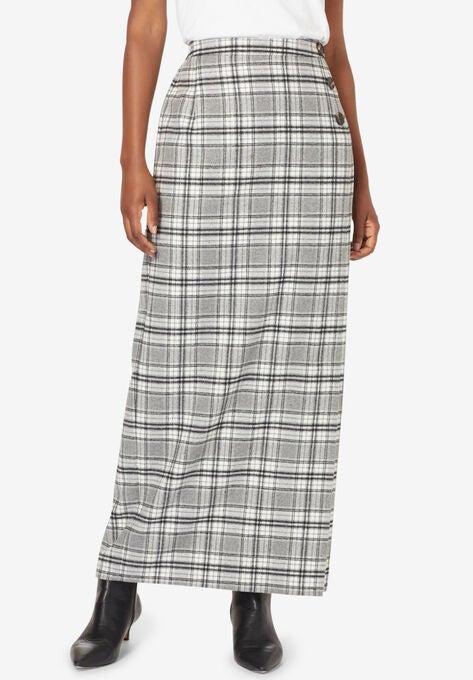 Side-Button Wool Skirt, GREY PLAID, hi-res image number null