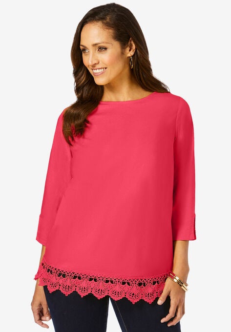 Lace Trim Blouse, VIBRANT WATERMELON, hi-res image number null