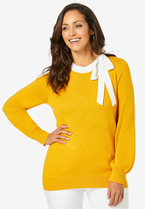 Tie-Neck Sweater, SUNSET YELLOW, hi-res image number null