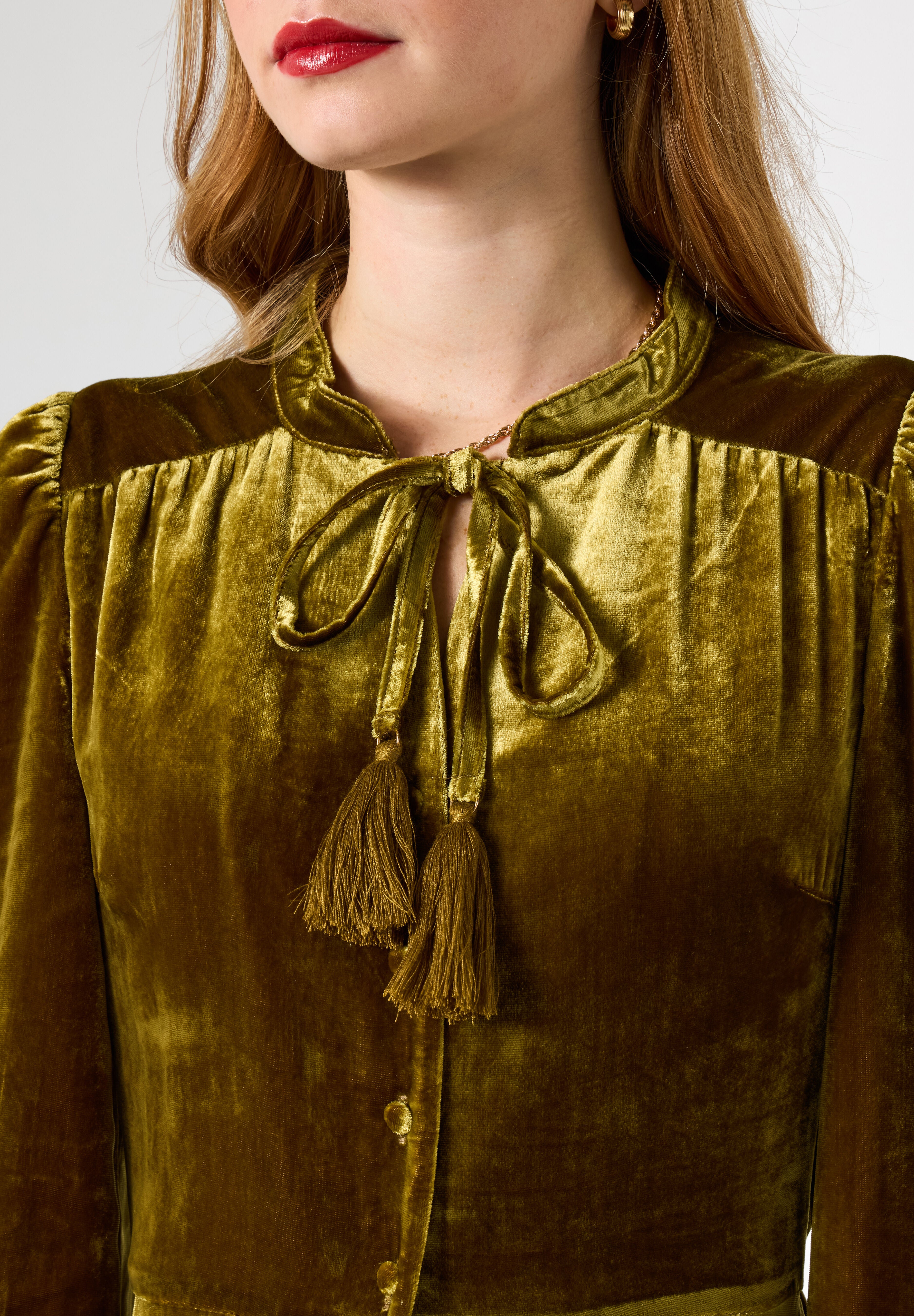 Tiered Velvet Tie Neck Dress, CHARTREUSE, alternate image number 3