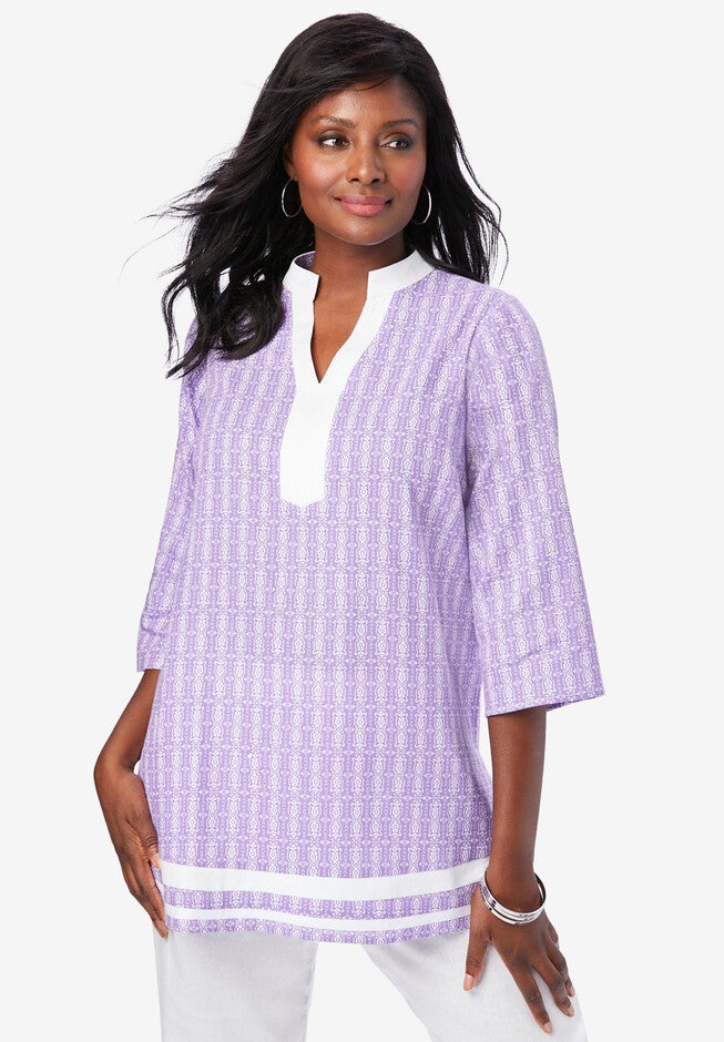 Notch Neck Linen Tunic, VINTAGE LAVENDER TILE, hi-res image number 0