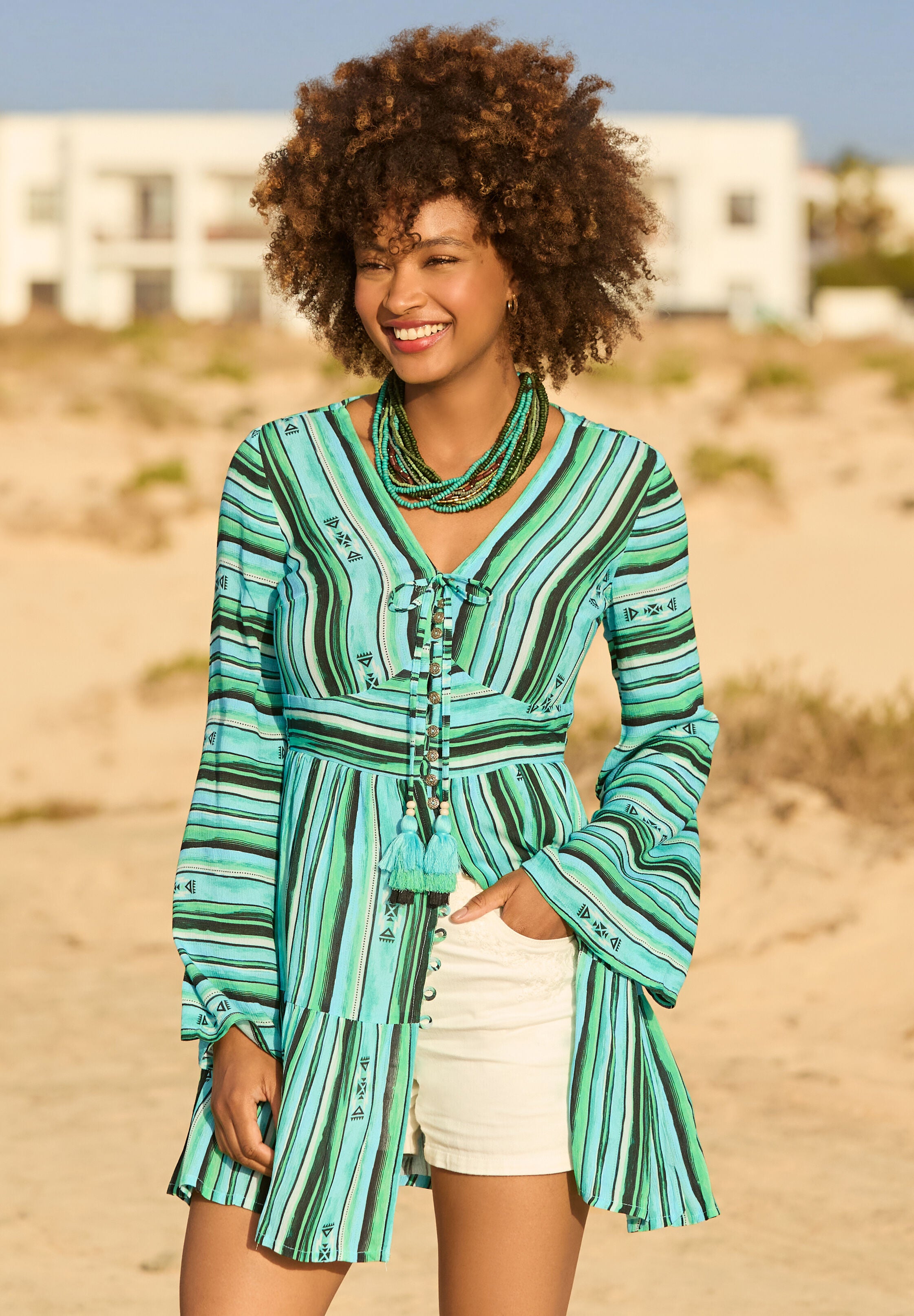 Boho Slit Front Tunic, GEO STRIPES, hi-res image number 0