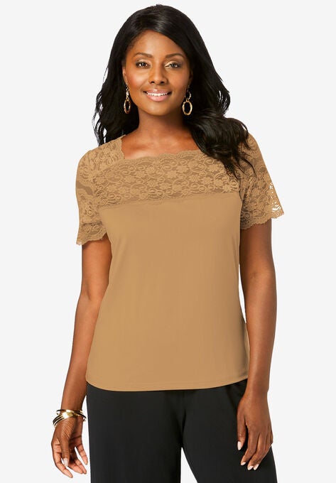 Lace Neckline Top, CAMEL TAN, hi-res image number null