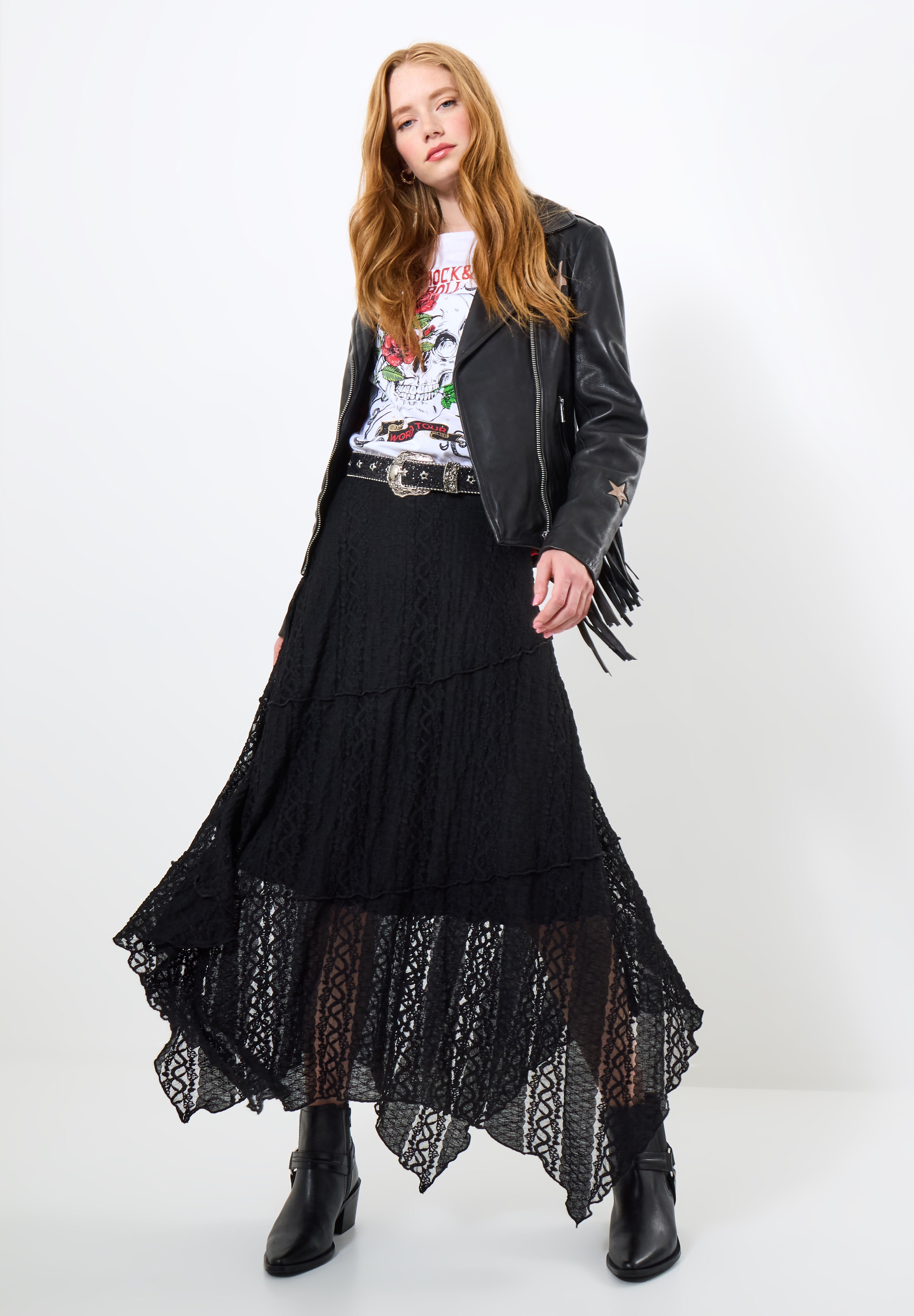 Stretch Lace Hanky Hem Maxi Skirt, BLACK, hi-res image number 0