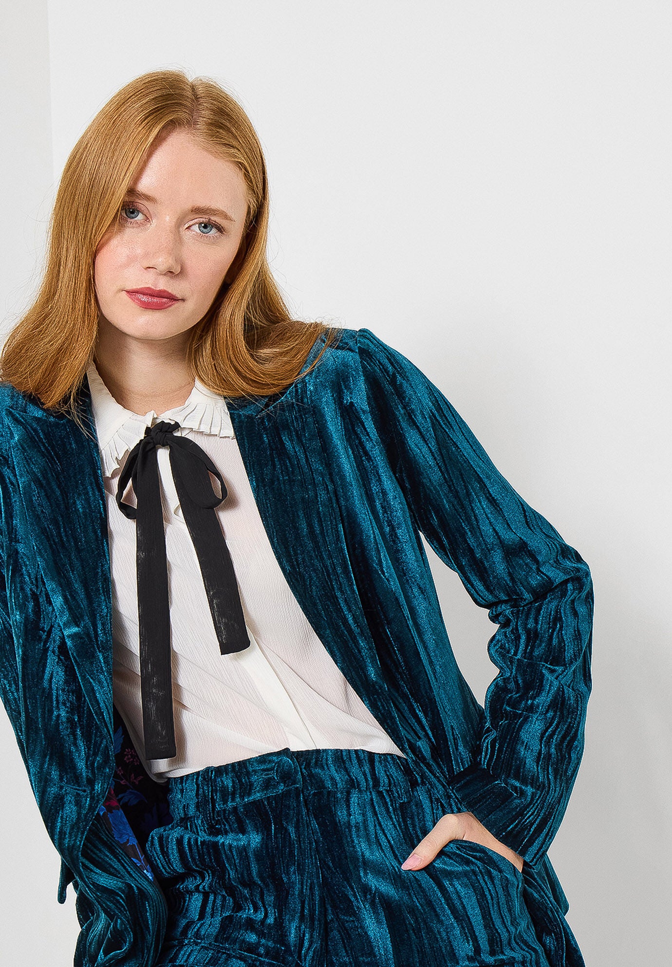 Crinkle Velvet Blazer, TEAL, hi-res image number 0
