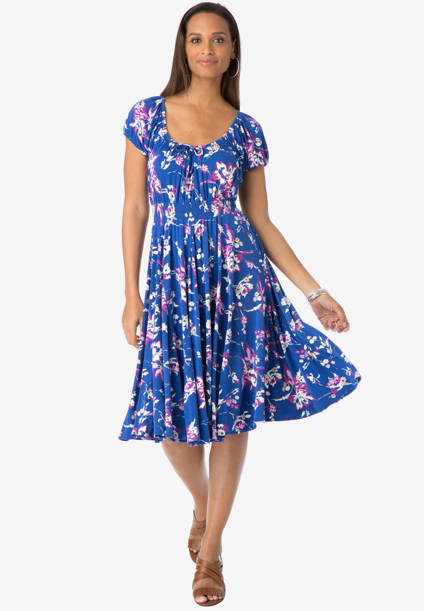 Special Occasion Stretch Knit Peasant Dress Dark Sapphire Floral Jessica London
