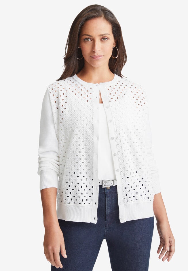 Ladies' Fine Gauge Eyelet Cardigan, White Jessica London