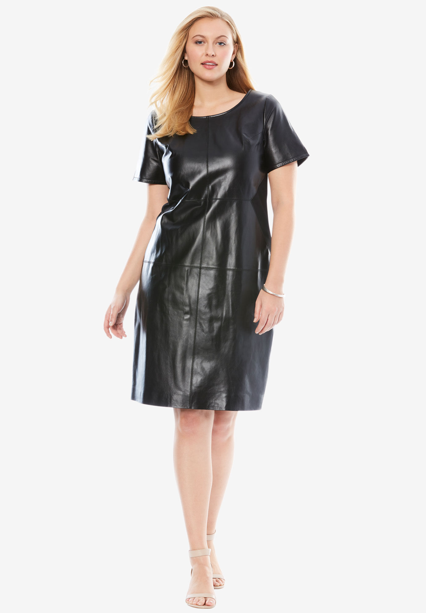 Jessica London Womens Plus Size Leather & PontÉ Knit Sheath Dress with Crew Neckline 