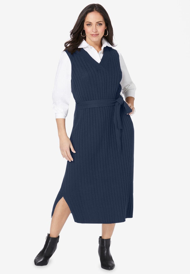 Belted Sweater Vest Dress, NAVY, hi-res image number null