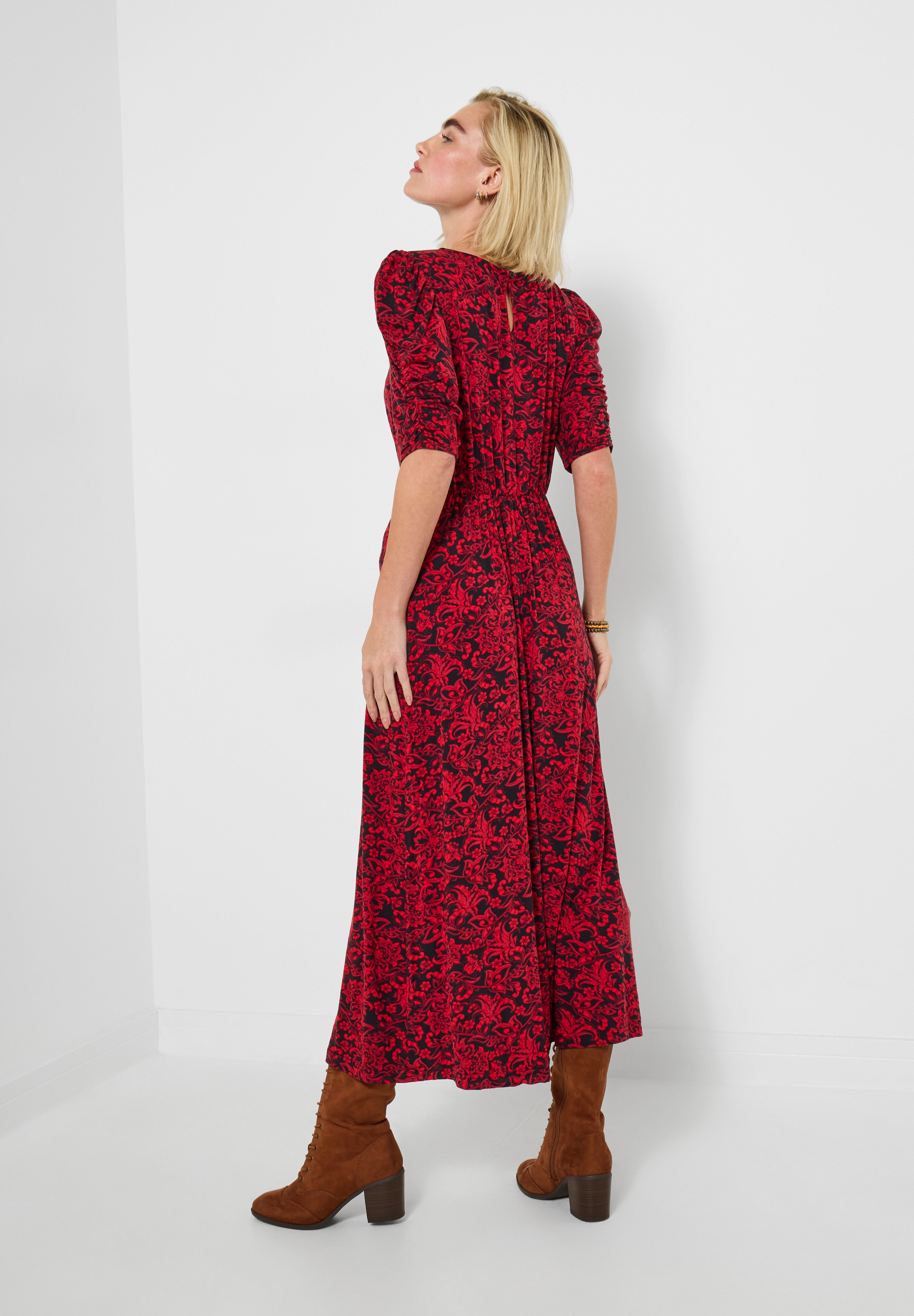 Puff Sleeve Midi Dress, RED SCROLL PAISLEY, alternate image number 3