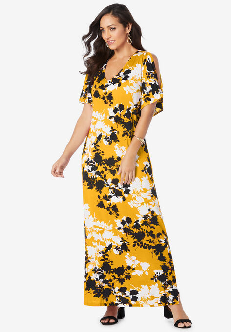 Cold Shoulder Maxi Dress, SUNSET YELLOW GRAPHIC FLORAL, hi-res image number null