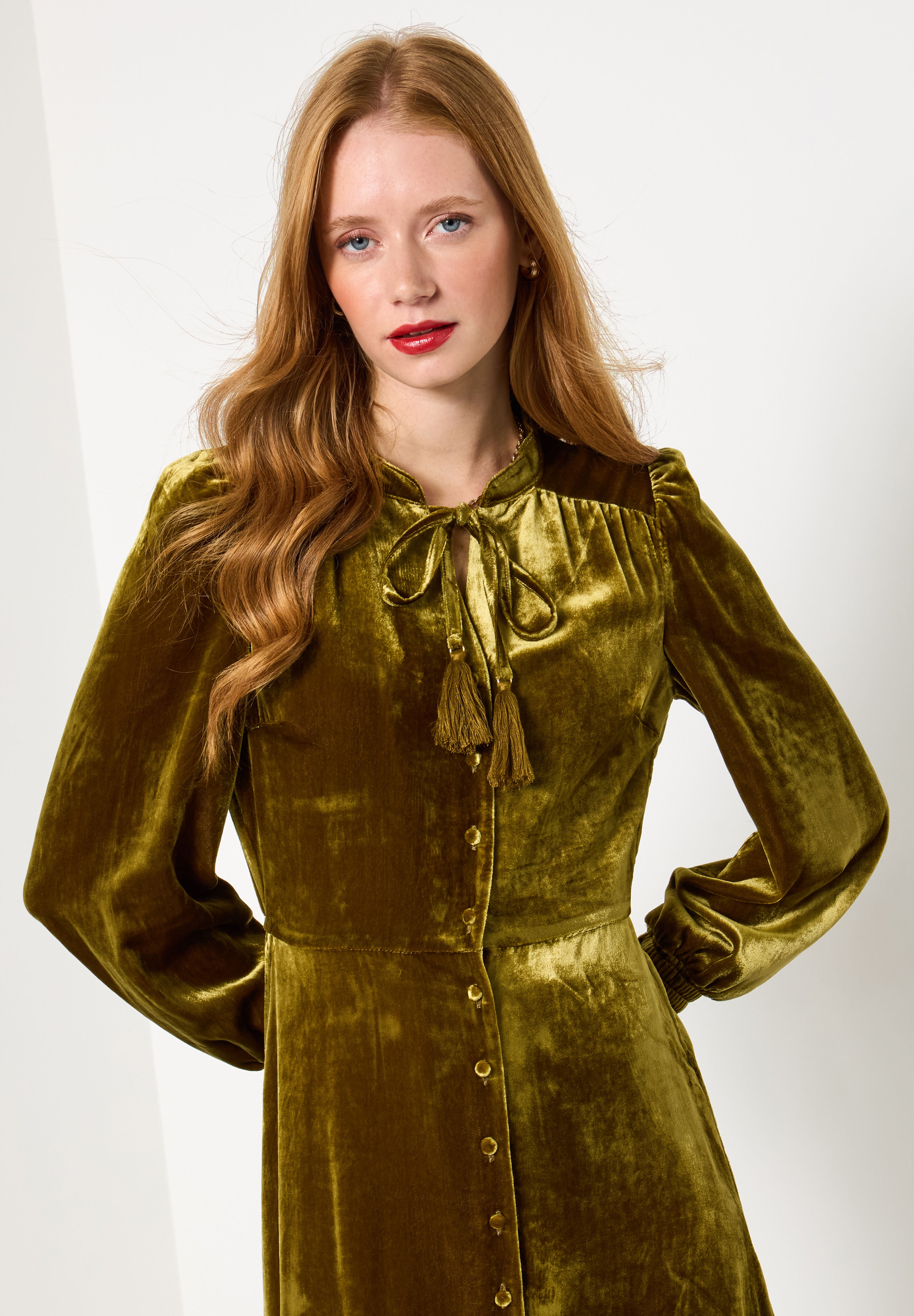 Tiered Velvet Tie Neck Dress, CHARTREUSE, alternate image number 2