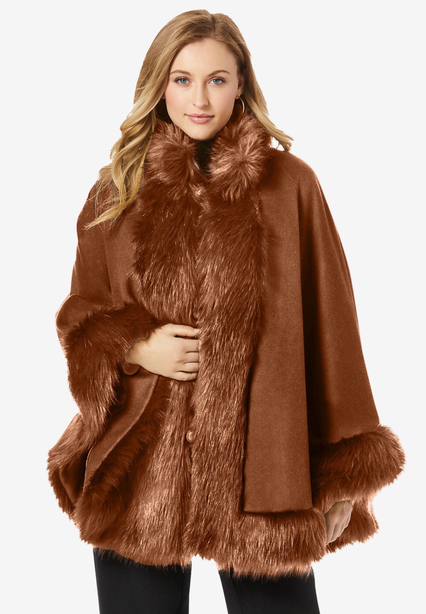 Ladies Faux Fur Trim Wool Cape Black Jessica London