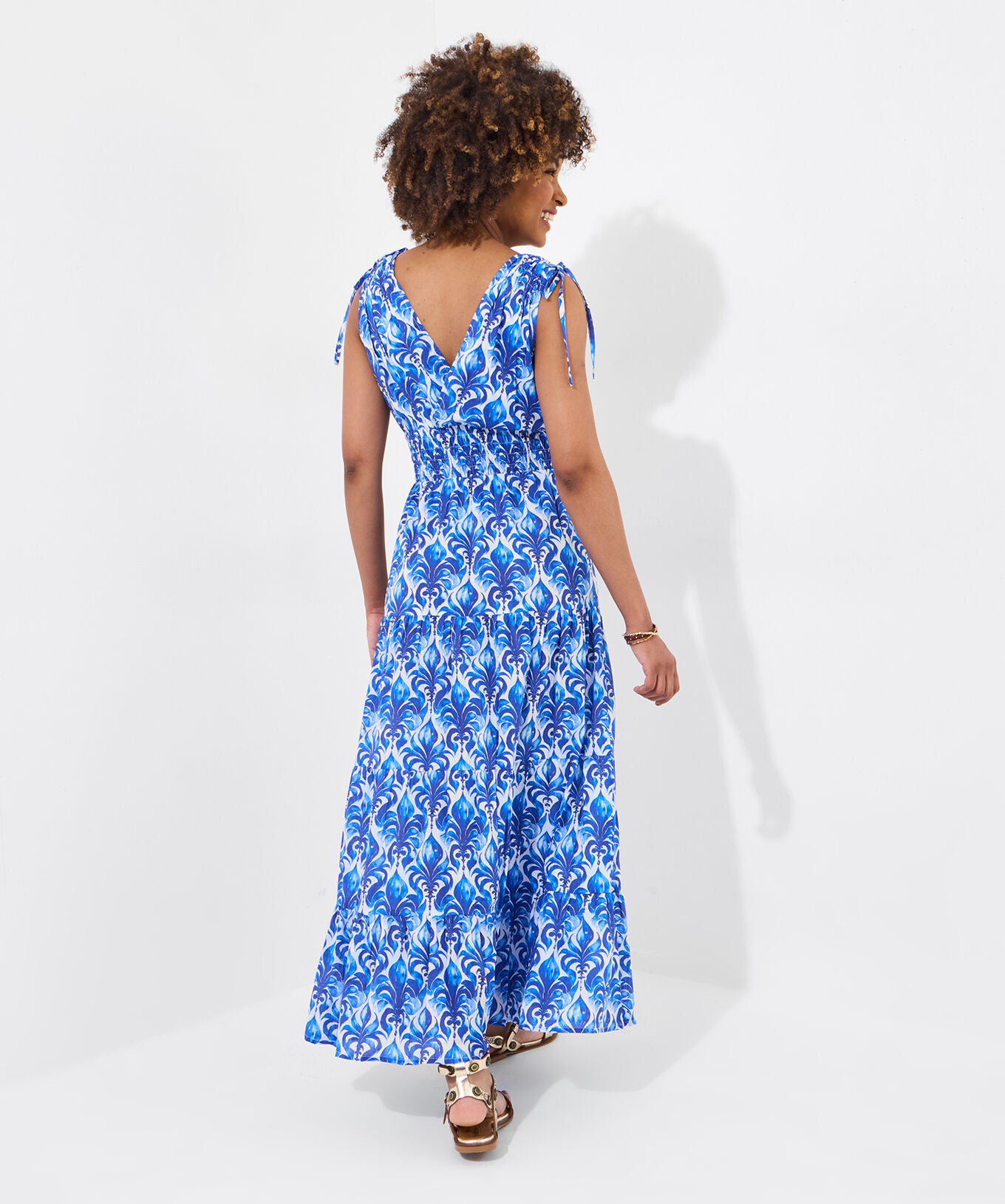 Faux Wrap Cotton Maxi Dress, BLUE SCROLL MEDALLION, alternate image number 3