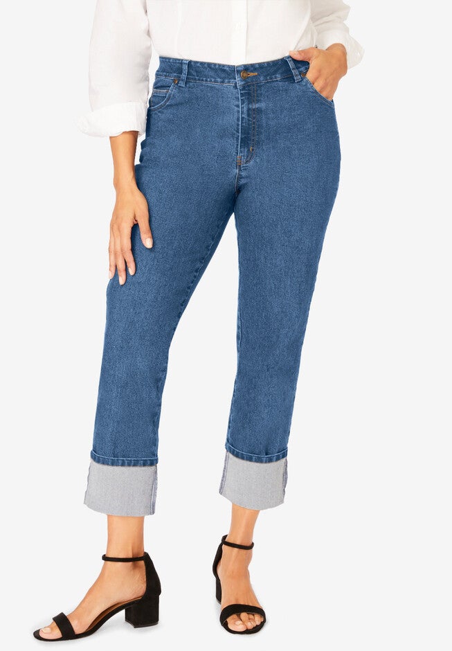 True Fit Stretch Denim Girlfriend Cuff Jean, MEDIUM STONEWASH, hi-res image number null