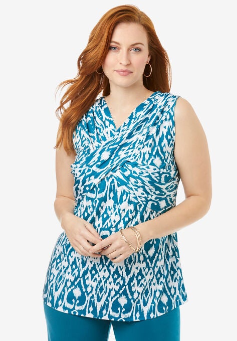Twist Front Knit Tank, DEEP TEAL BRUSHED TRIBAL, hi-res image number null