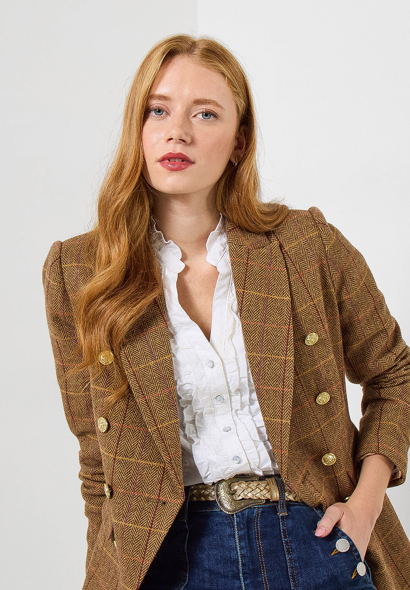 Double Breasted Plaid Blazer, COGNAC PLAID, on-hover image number 1