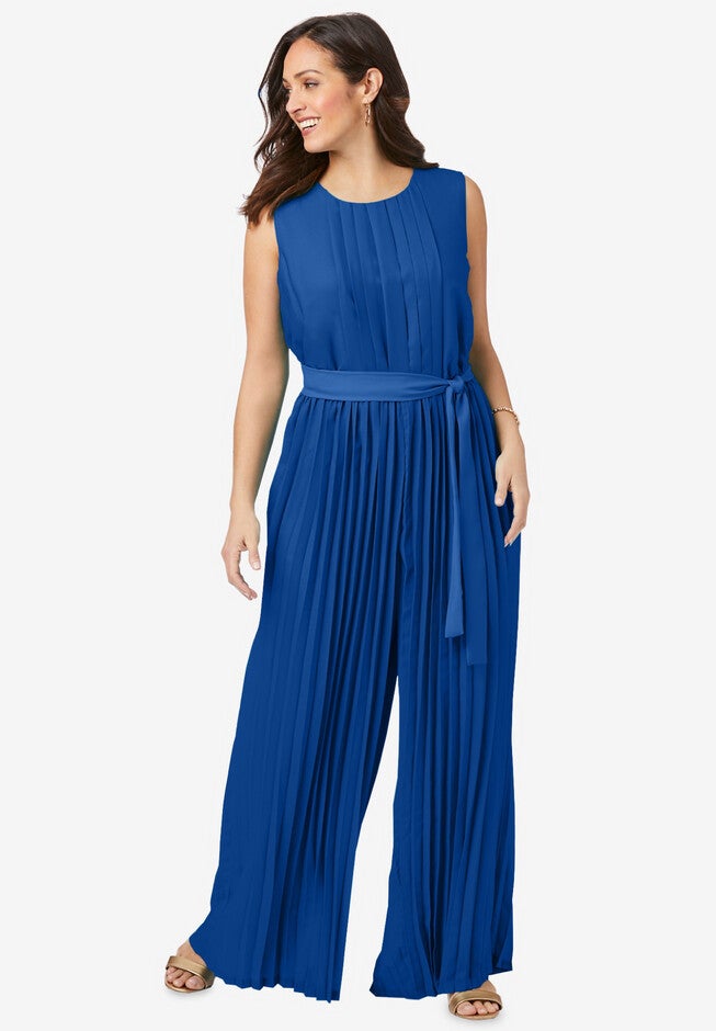 Pleated Wide Leg Jumpsuit, DARK SAPPHIRE, hi-res image number 0
