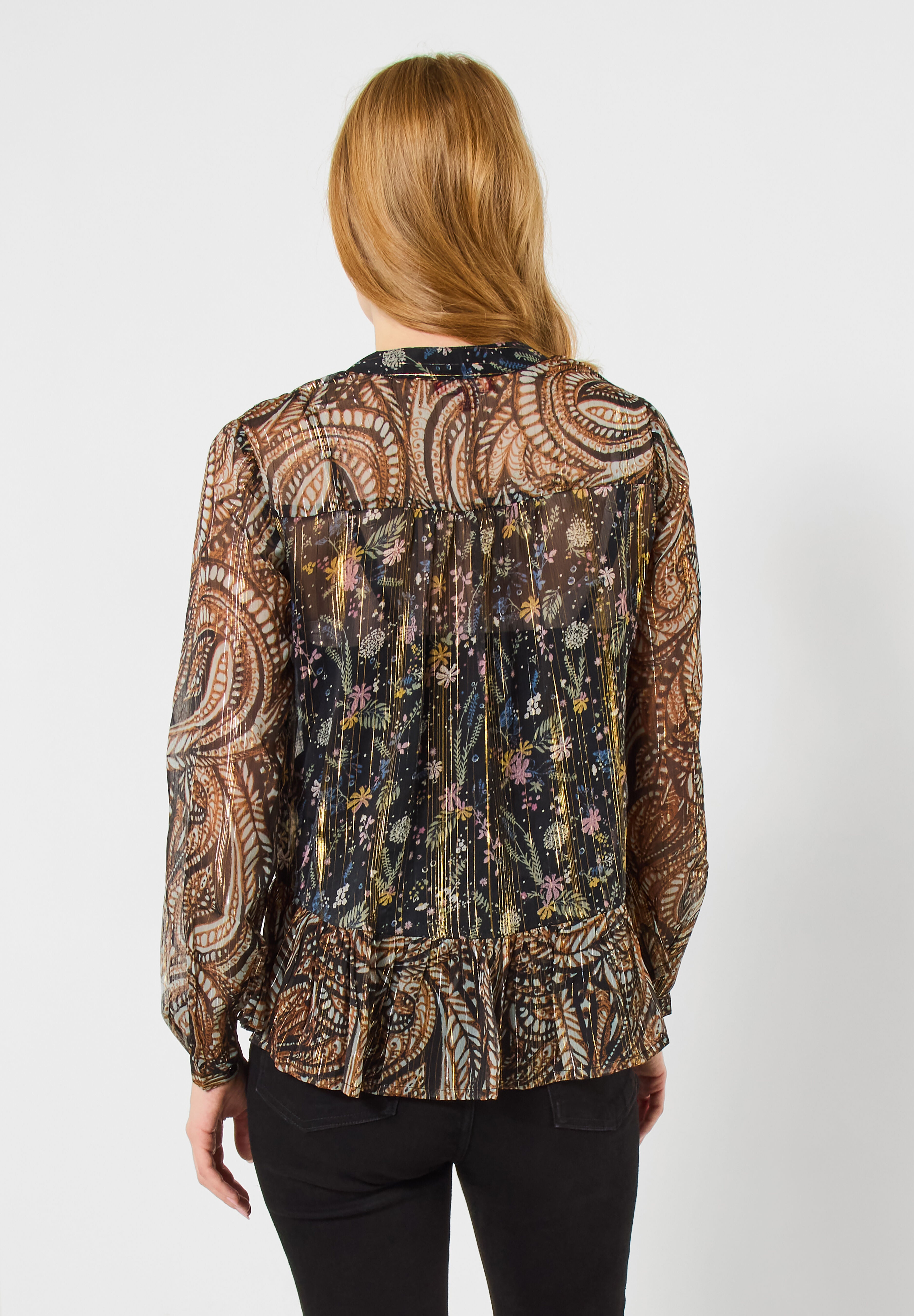 Sheer Metallic Lace-Up Blouse, METALLIC PAISLEY, on-hover image number 1