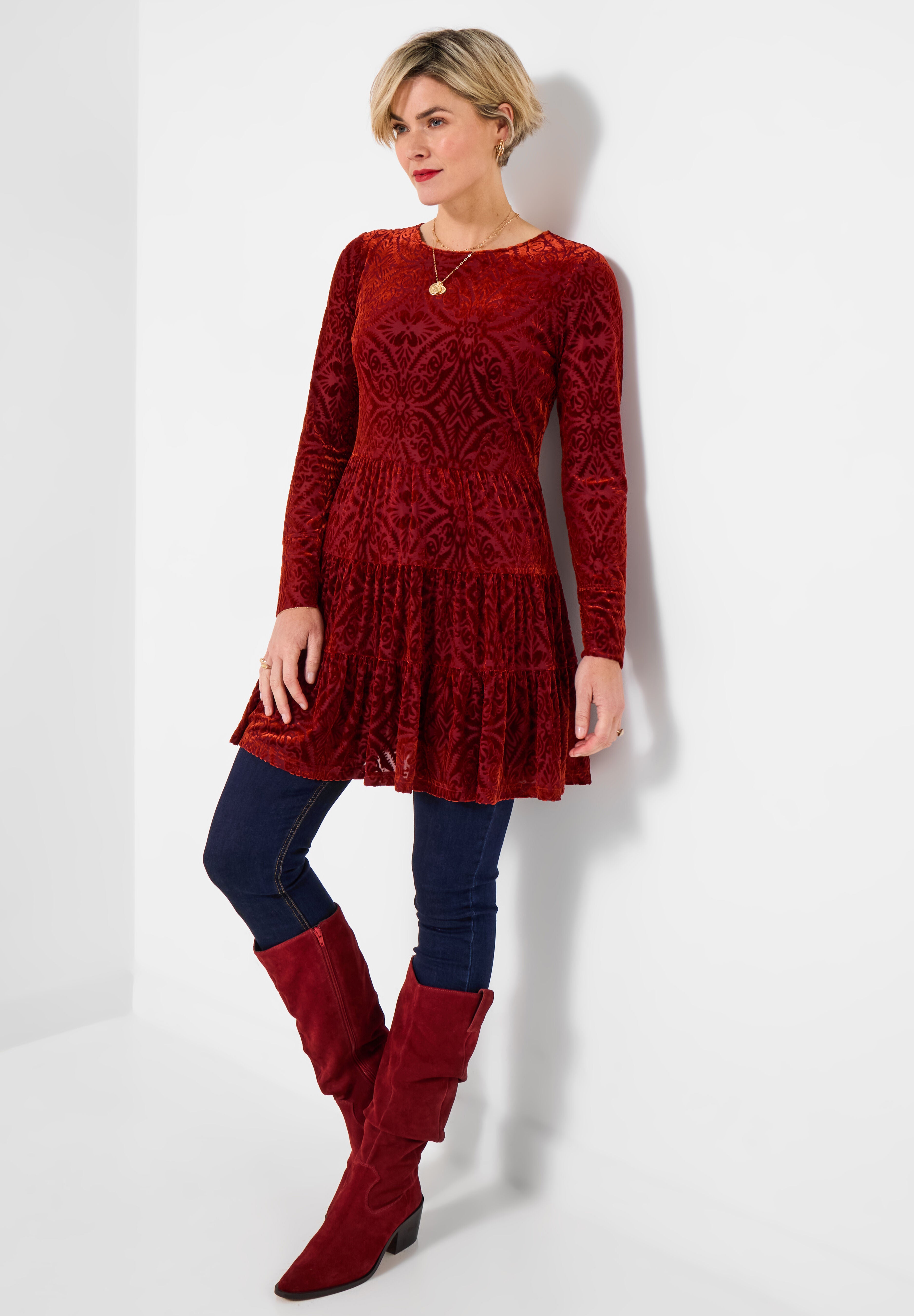 Burnout Velvet Tiered Long Tunic, BURNT ORANGE BURNOUT, on-hover image number 1