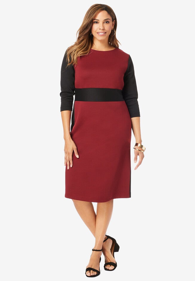 Colorblock Ponte Dress, RICH BURGUNDY BLACK, hi-res image number null