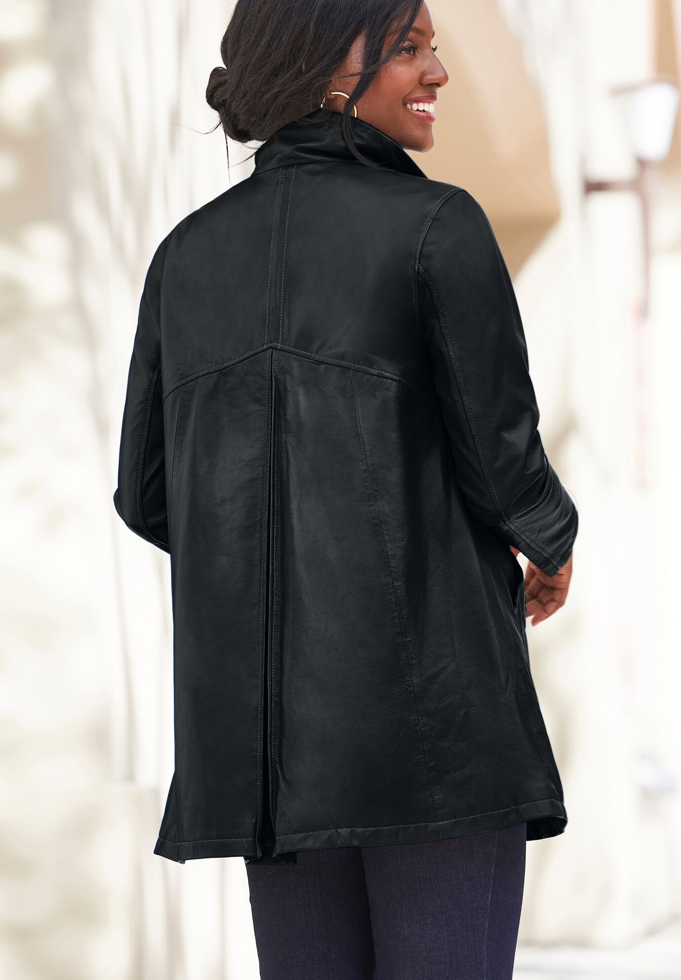 A-Line Zip Front Leather Jacket, BLACK, alternate image number 2