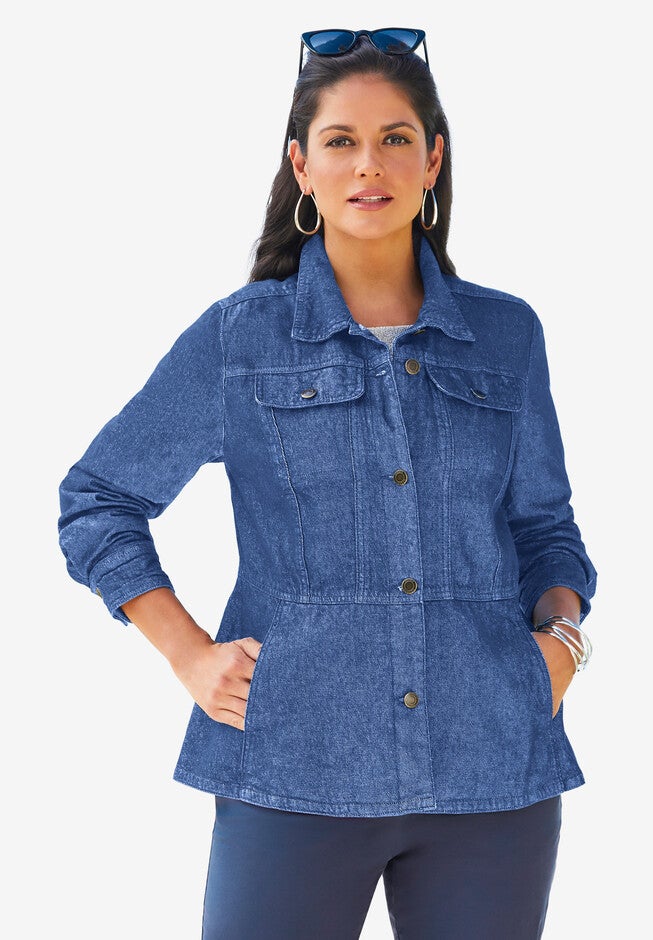 Peplum Denim Jacket, MEDIUM STONEWASH, hi-res image number 0