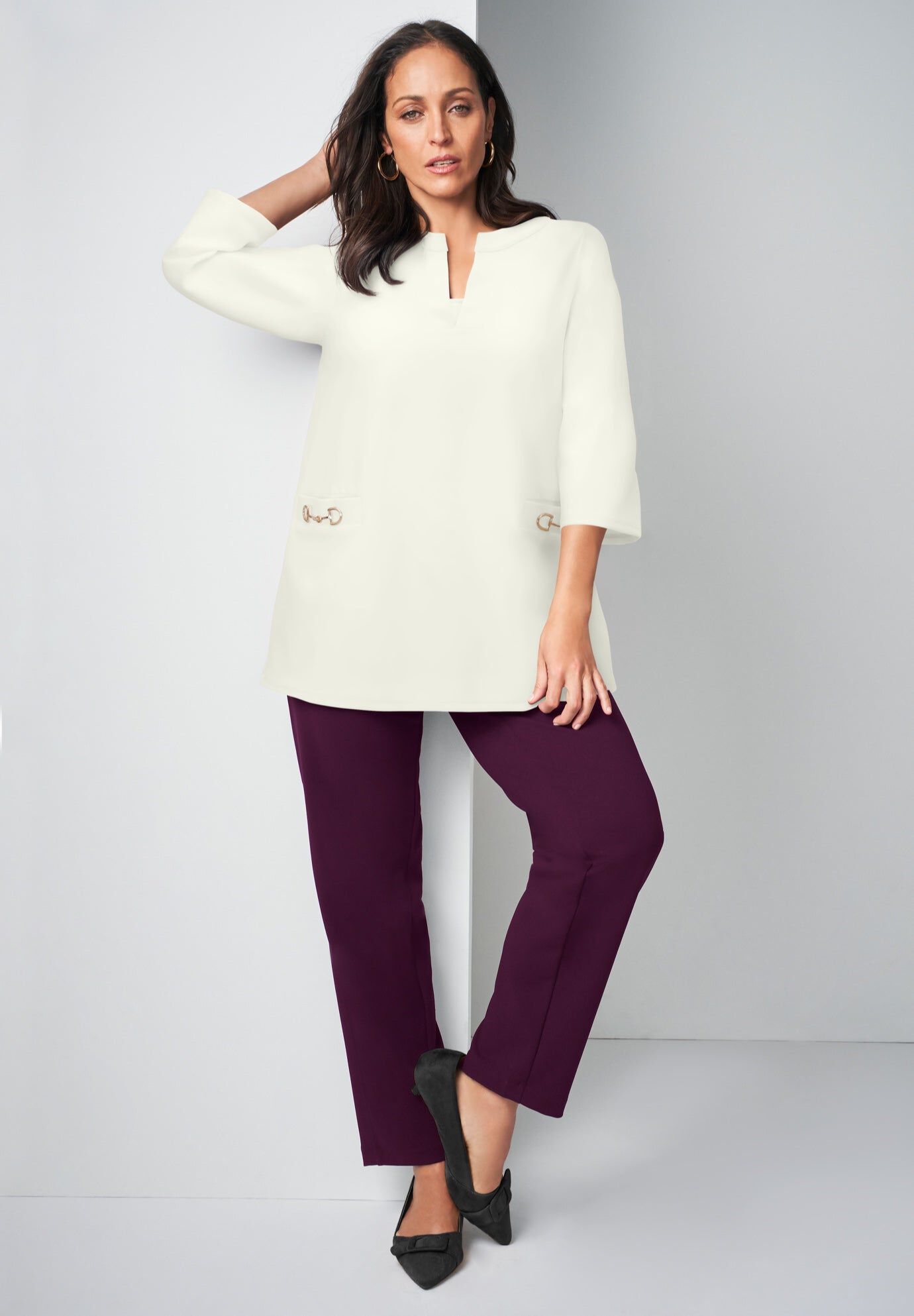 Gold Detail Split Neck Stretch Knit Tunic, IVORY, hi-res image number 0