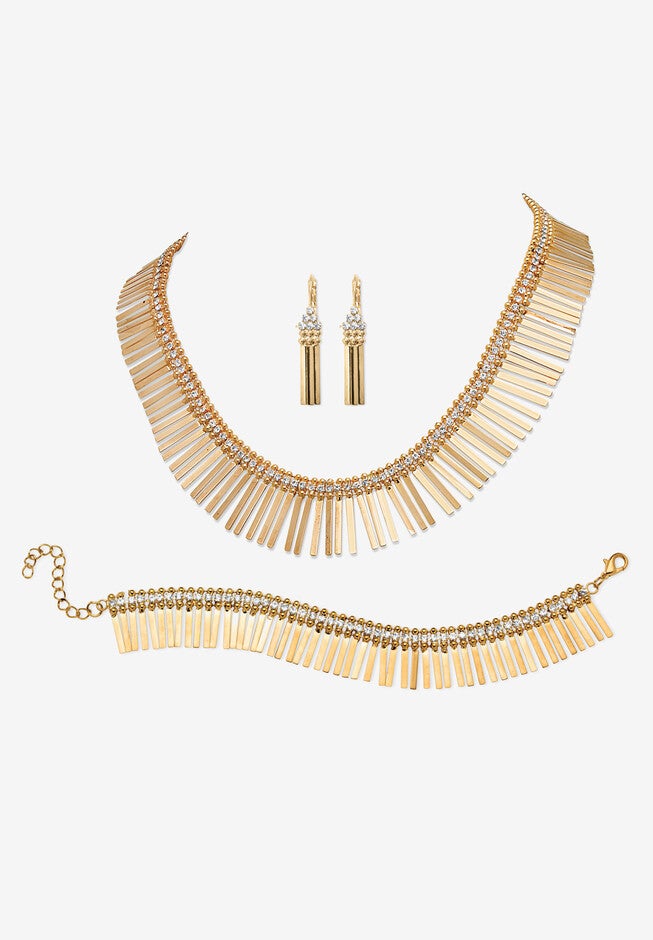 Gold Tone Fringe Necklace, Bracelet and Earring Set, Crystal, 17 inches, GOLD, hi-res image number null