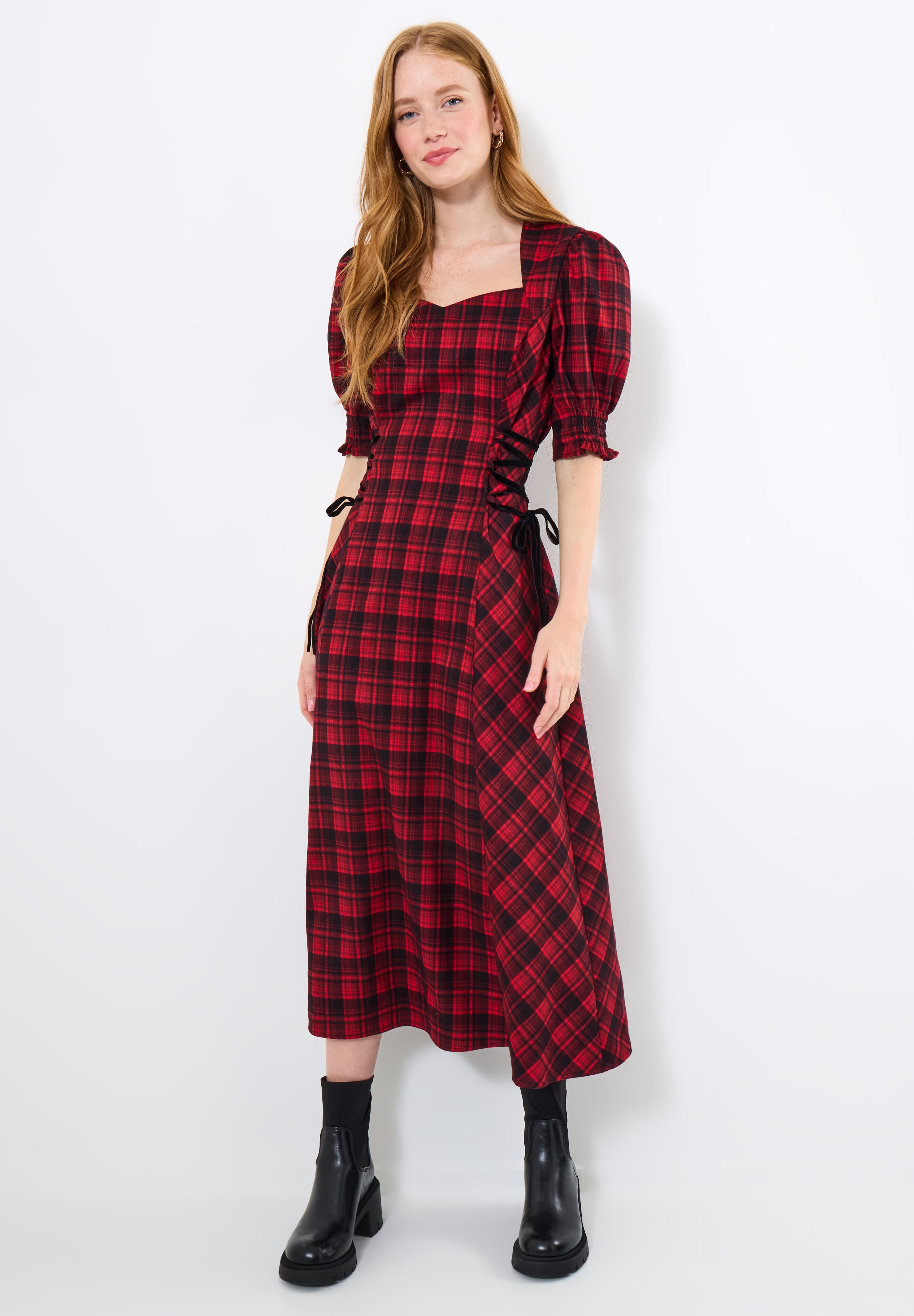 Tartan Plaid Lace-Up Midi Dress, RED TARTAN, on-hover image number 1