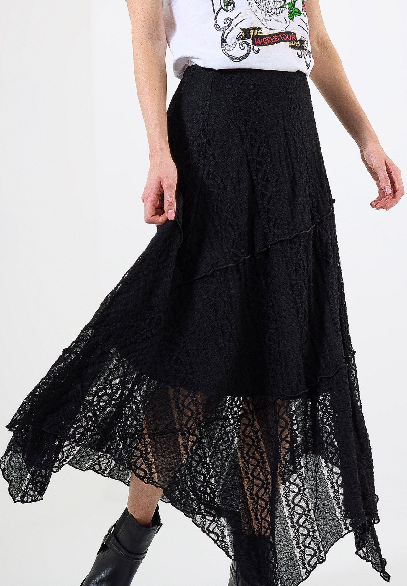 Stretch Lace Hanky Hem Maxi Skirt, BLACK, on-hover image number 1