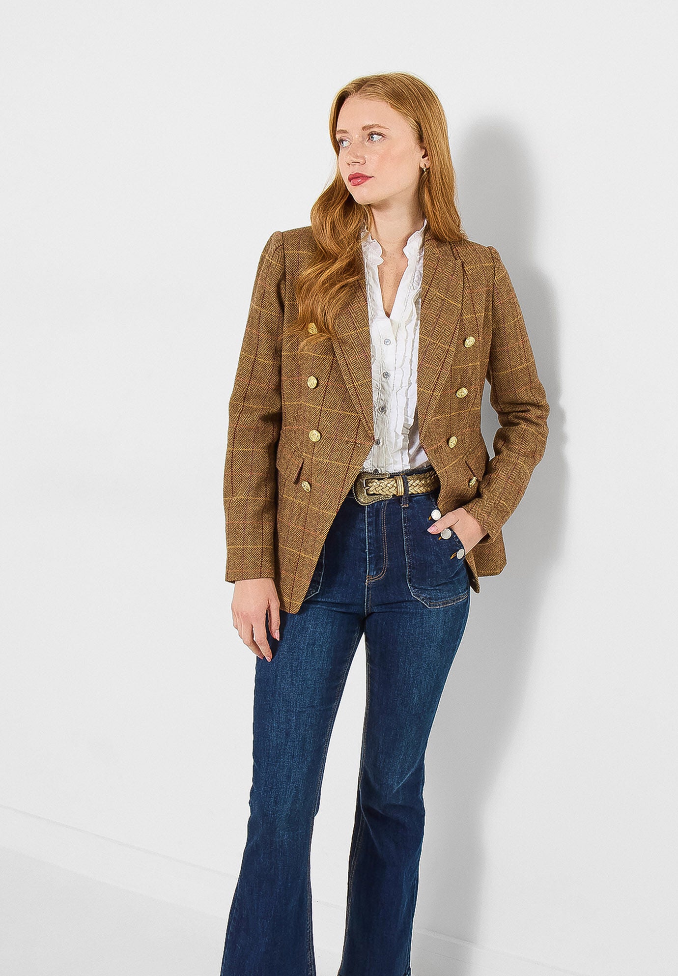 Double Breasted Plaid Blazer, COGNAC PLAID, alternate image number 4