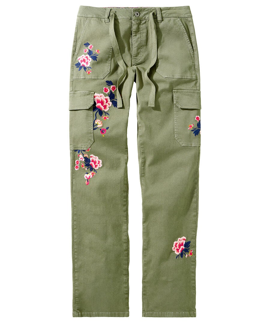 Embroidered Cargo Pants, OLIVE FLORAL EMBROIDERY, on-hover image number 1