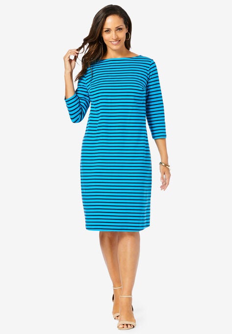 Boatneck Shift Dress, BRILLIANT BLUE NAVY STRIPE, hi-res image number null