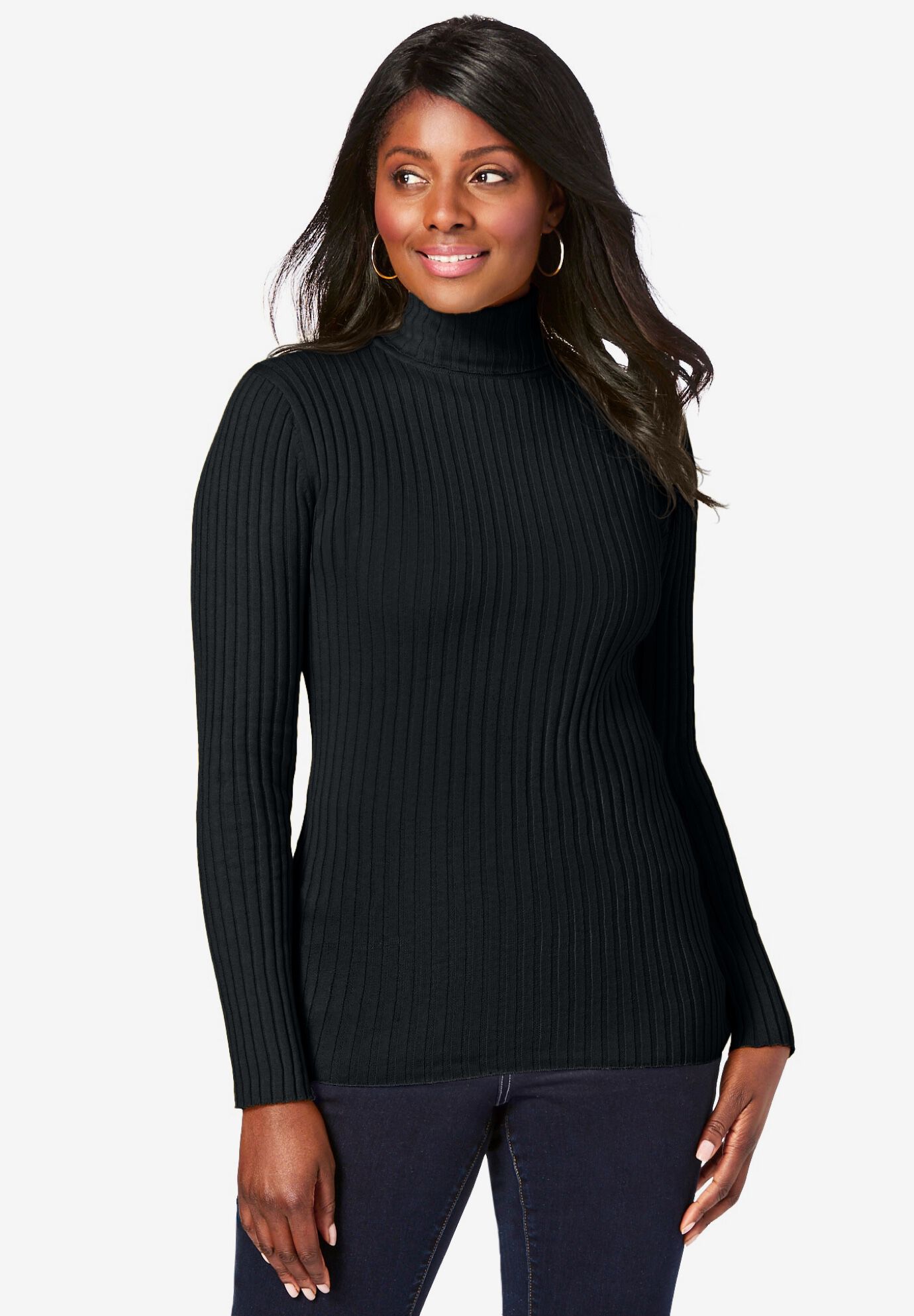 Ladies Ribbed Cotton Turtleneck Sweater Black Jessica London