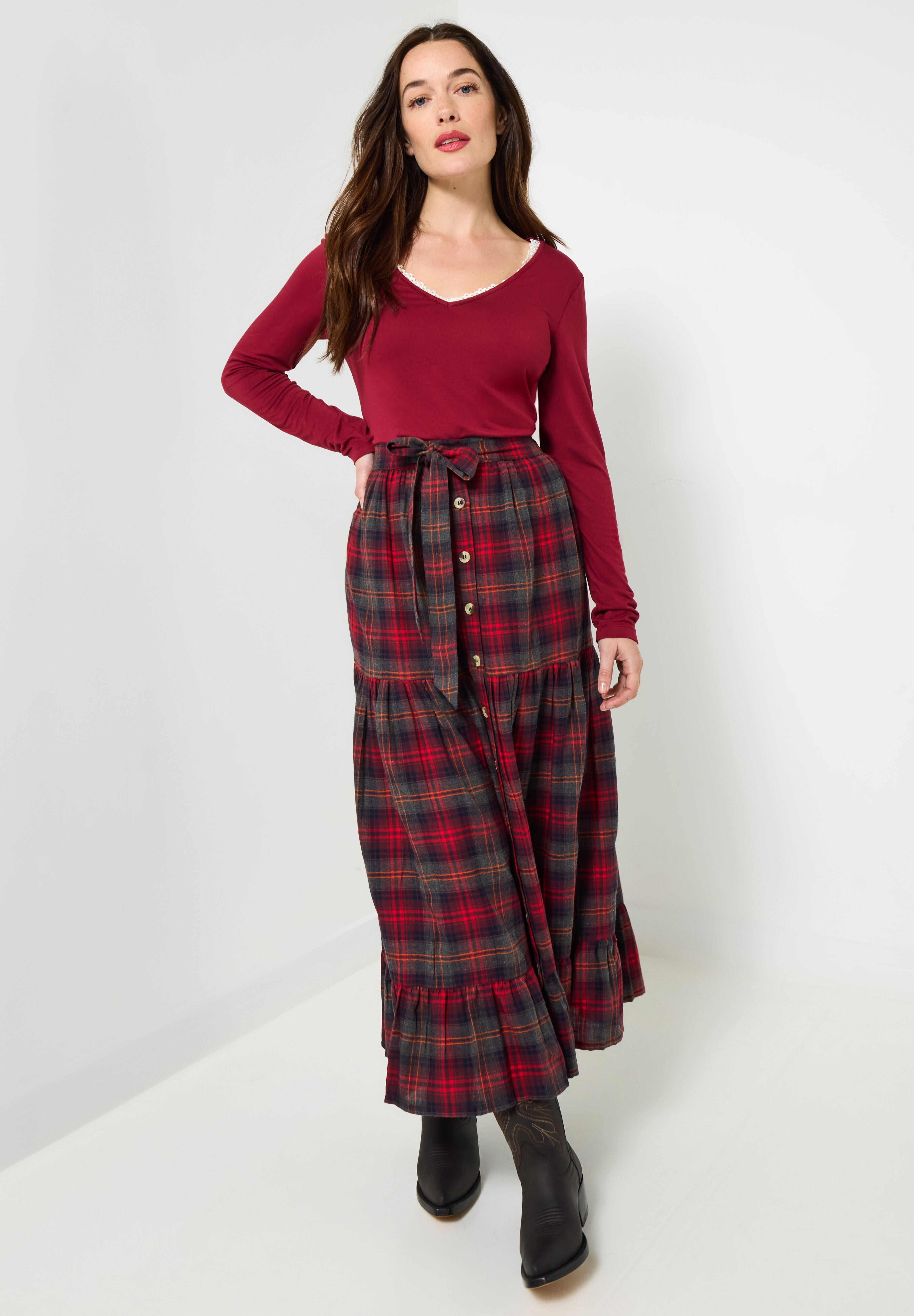 Flannel Maxi Skirt, RED MULTI TARTAN, on-hover image number 1