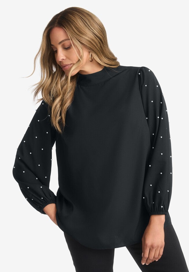 Crepe Pearl Sleeve Blouse, BLACK PEARL EMBELLISHMENT, hi-res image number 0