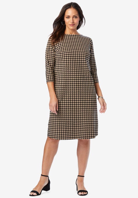 Boatneck Shift Dress, KHAKI HOUNDSTOOTH, hi-res image number null