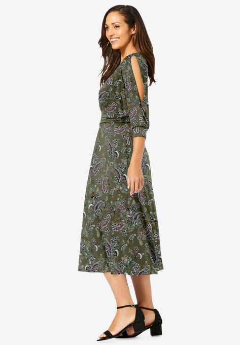 Slit Sleeve Midi Dress, , alternate image number null