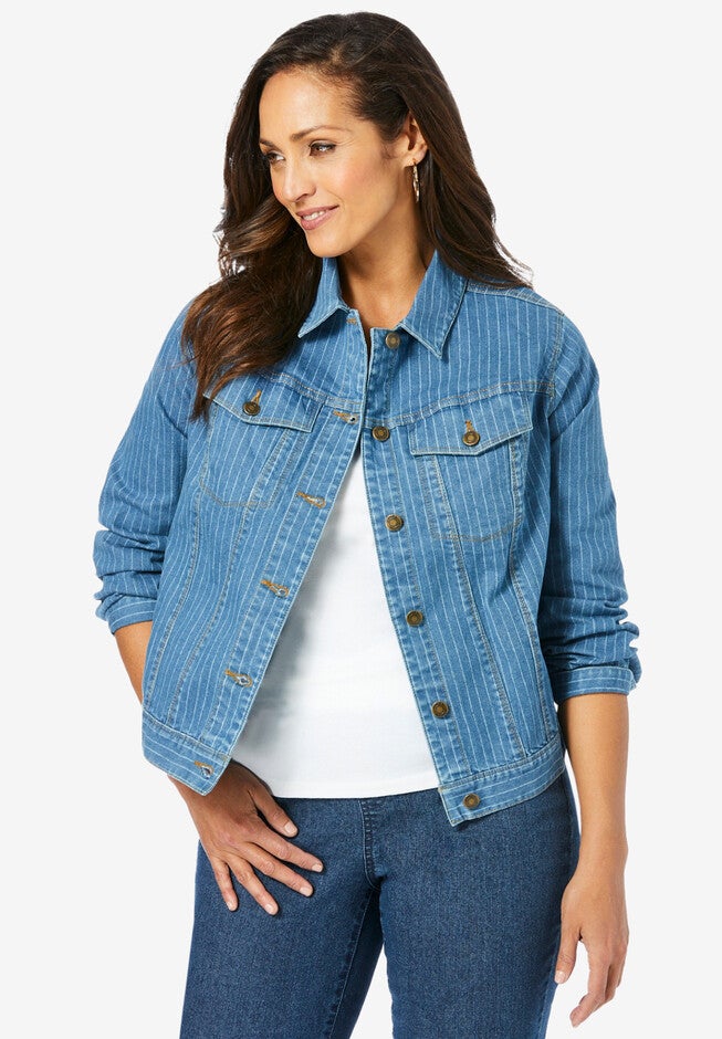 True Fit Cropped Denim Jacket, MEDIUM STONEWASH STRIPE, hi-res image number 0