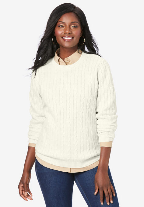 Cable Crewneck Sweater, IVORY, hi-res image number null