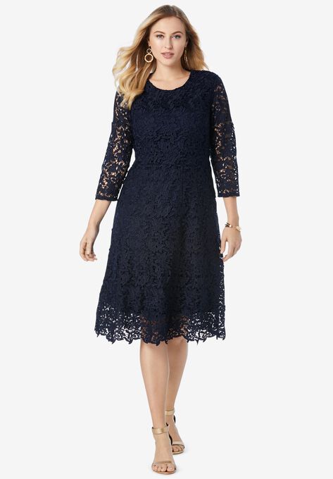 Lace Fit & Flare Dress, NAVY, hi-res image number null