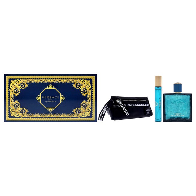 Versace Eros by Versace for Men - 3 Pc Gift Set 3.4oz EDT Spray, 10ml EDT Spray, Blue Trousse, NA, hi-res image number null