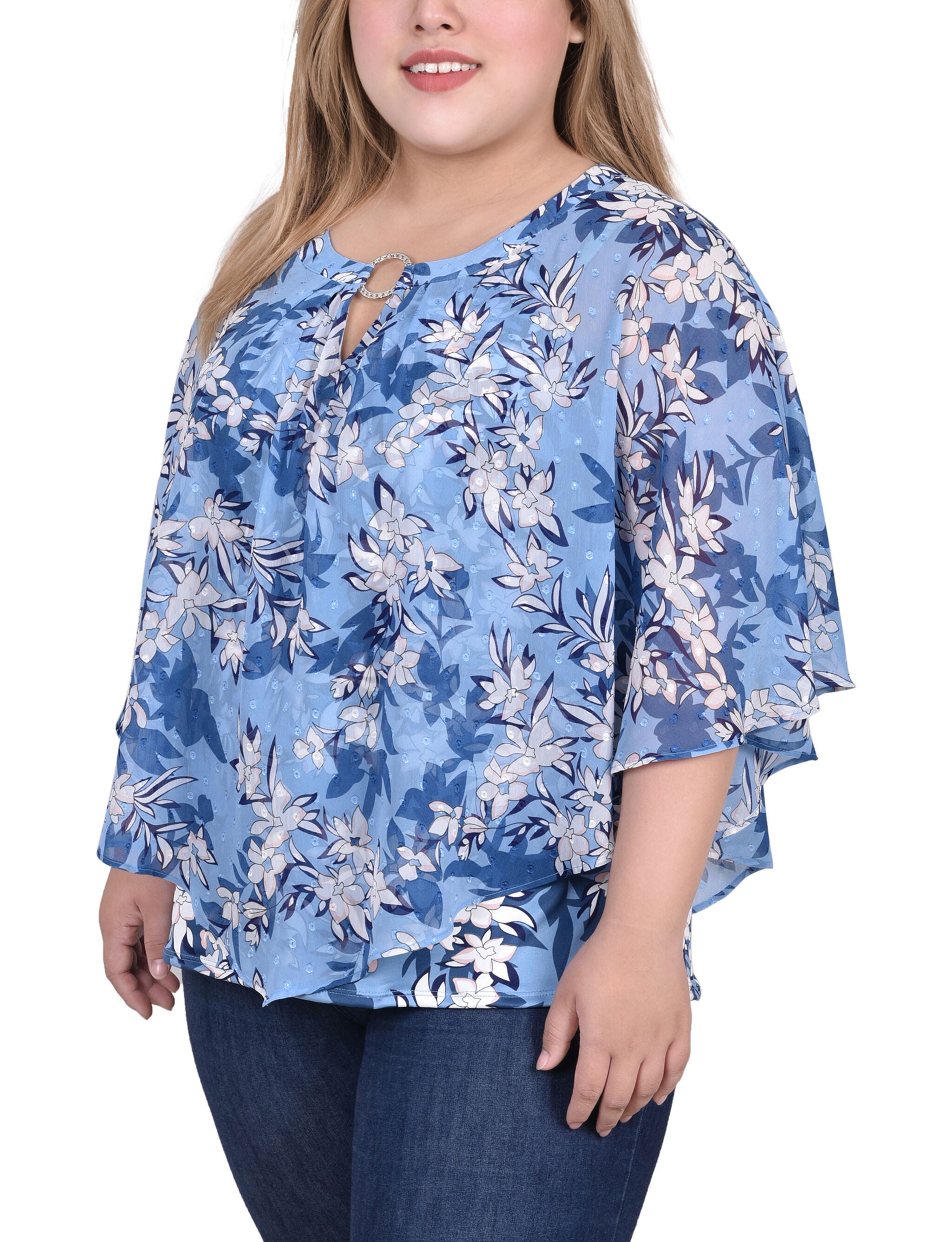Chiffon Poncho Top With Ring, Light Blue White Floral, alternate image number 1