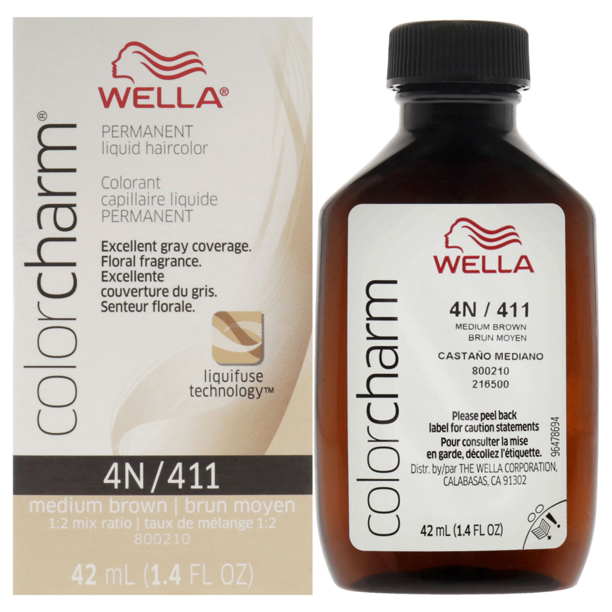 Color Charm Permanent Liquid Hair Color - 411 4N Medium Brown by Wella for Unisex - 1.42 oz Hair Color, Brown, hi-res image number 0